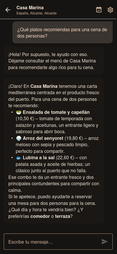 Chat de ReservaMe recomendando platos para una cena