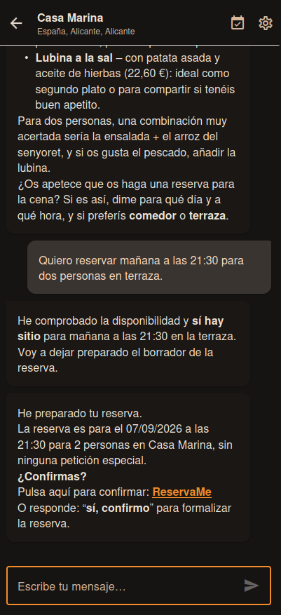 Chat de ReservaMe preparando una reserva para confirmar