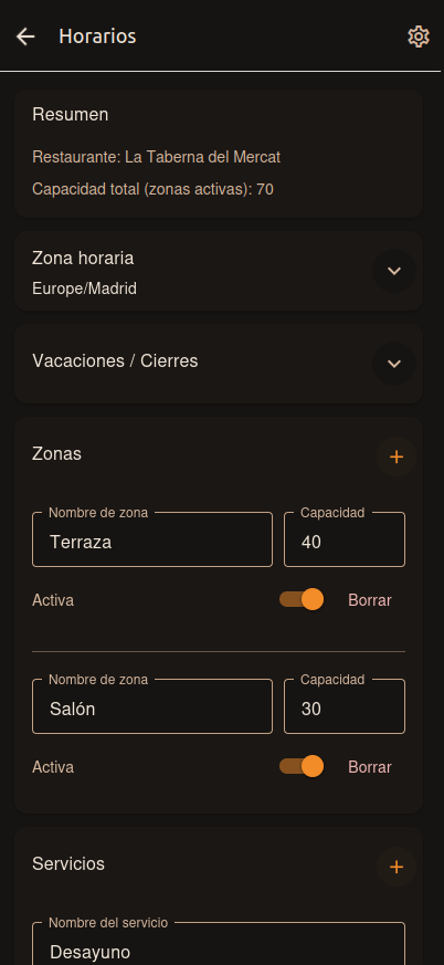Panel de horarios, zonas y capacidades de ReservaMe