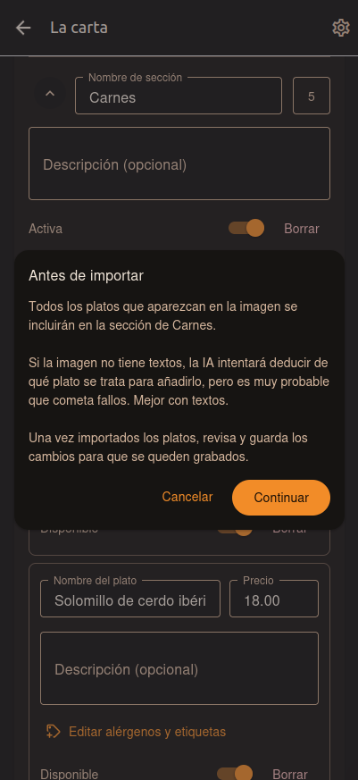Importación de carta desde una imagen con ayuda de IA